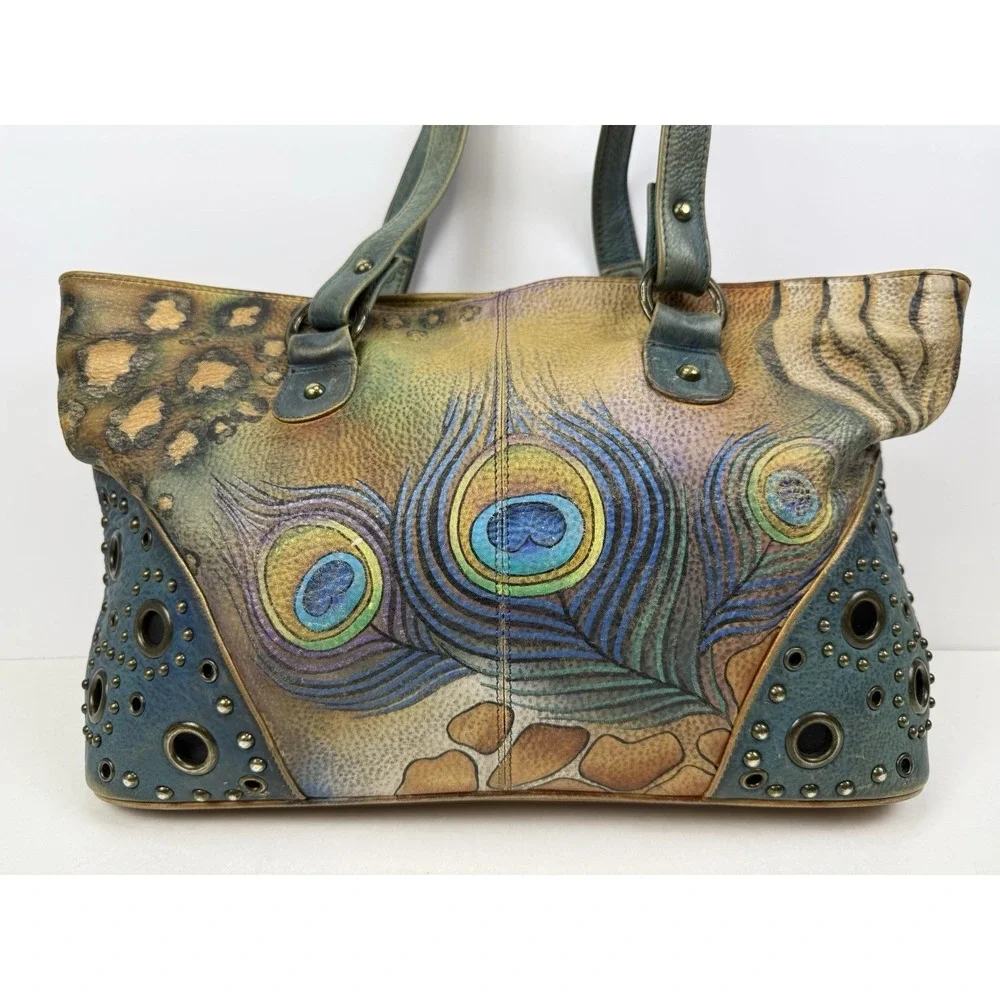 Anuschka peacock feather satchel bag studded blue hand painted signed art purse